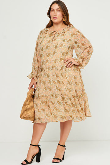 HN4180 Ivory Womens Ruffled Neck Paisley Print Long Sleeve Dress Full Body